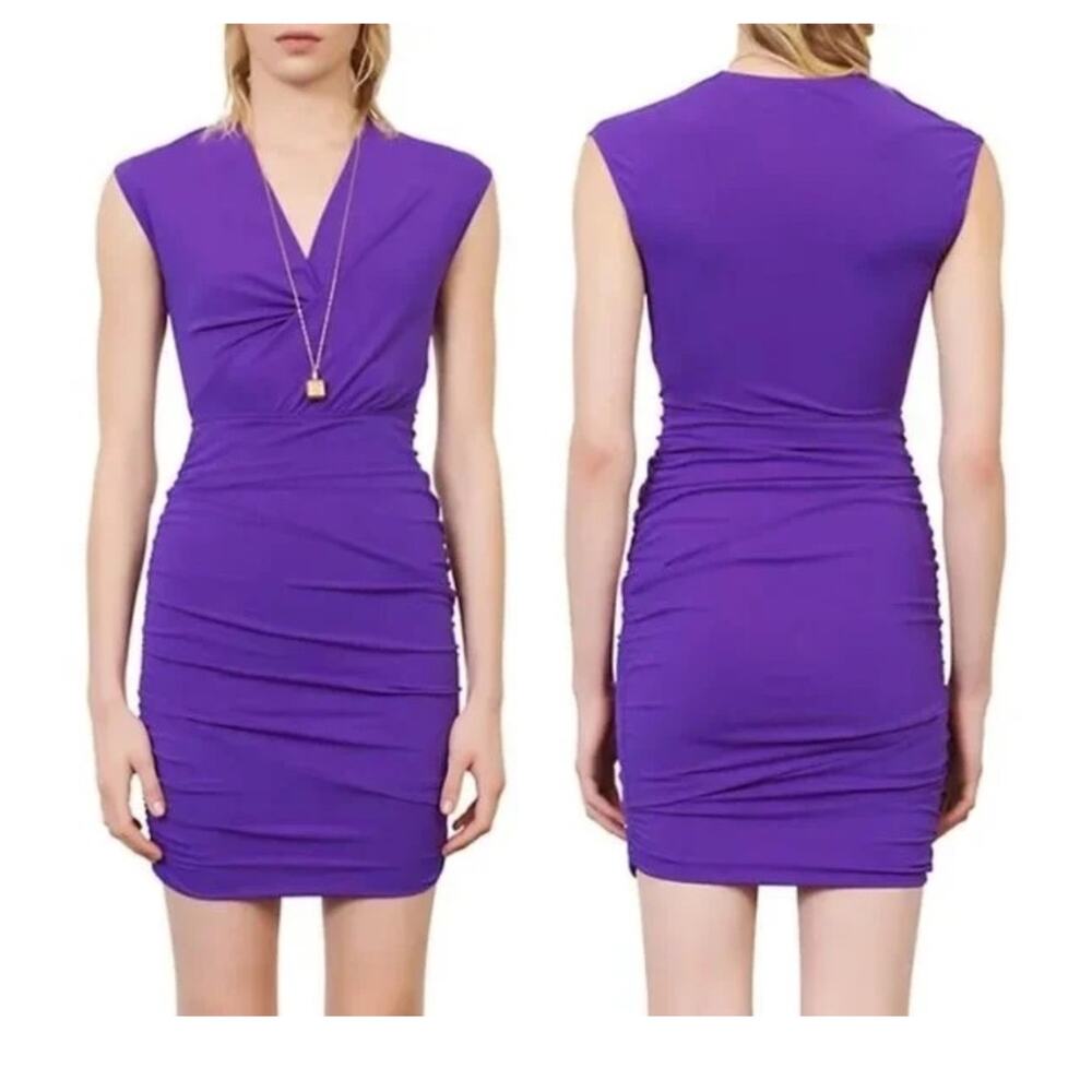 Maje Render Ruched Stretch-Jersey Bodycon Mini Dress Purple 36 NWT